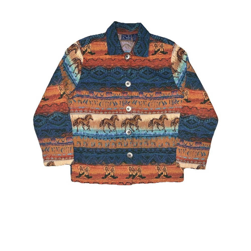 VTG Jane Ashley Southwestern Tapestry Jacket M Horse Boots Western Cowboy Rodeo